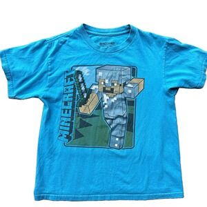 Mojang Minecraft Steve Boys M Blue Graphic Logo Crew Neck Tagless Short Sleeve M